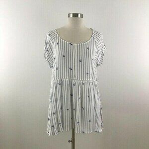 CRESCENT Top Women L White Blue Stripe Palm Tree Print Short Sleeve Drop Waist